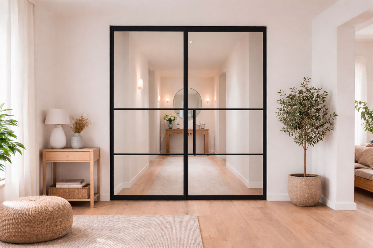 Glastür mit schwarzem Rahmen